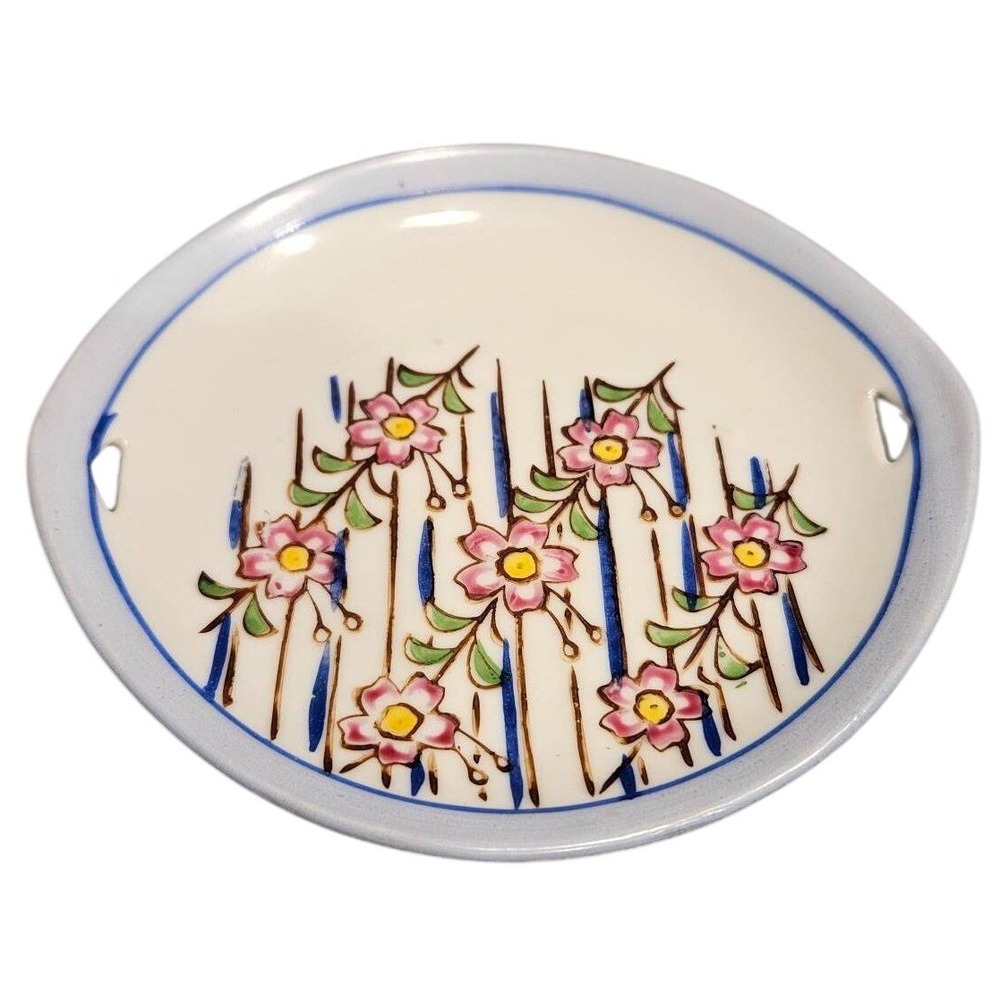 Vintage Japanese Porcelain Trinket Dish Pink Floral Hand Painted 5 Inch Round